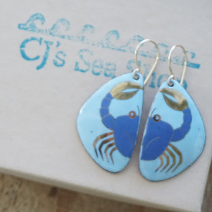 Light Blue Enamel Earrings with Blue and Gold Crab