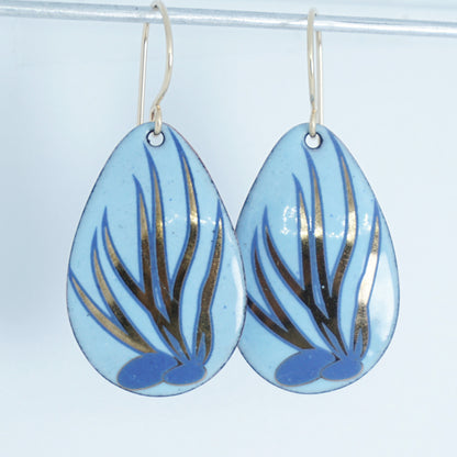 Light Blue Enamel Teardrop Earrings with Blue and Gold Coral