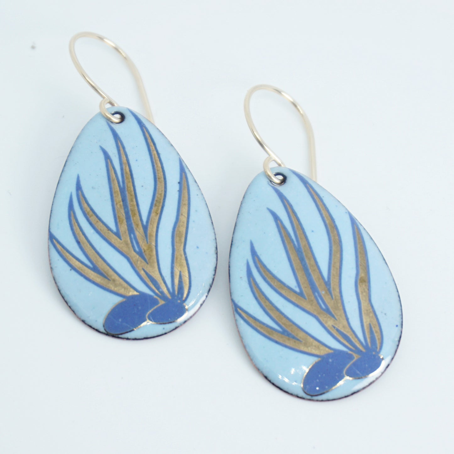 Light Blue Enamel Teardrop Earrings with Blue and Gold Coral