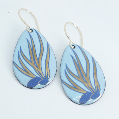 Light Blue Enamel Teardrop Earrings with Blue and Gold Coral