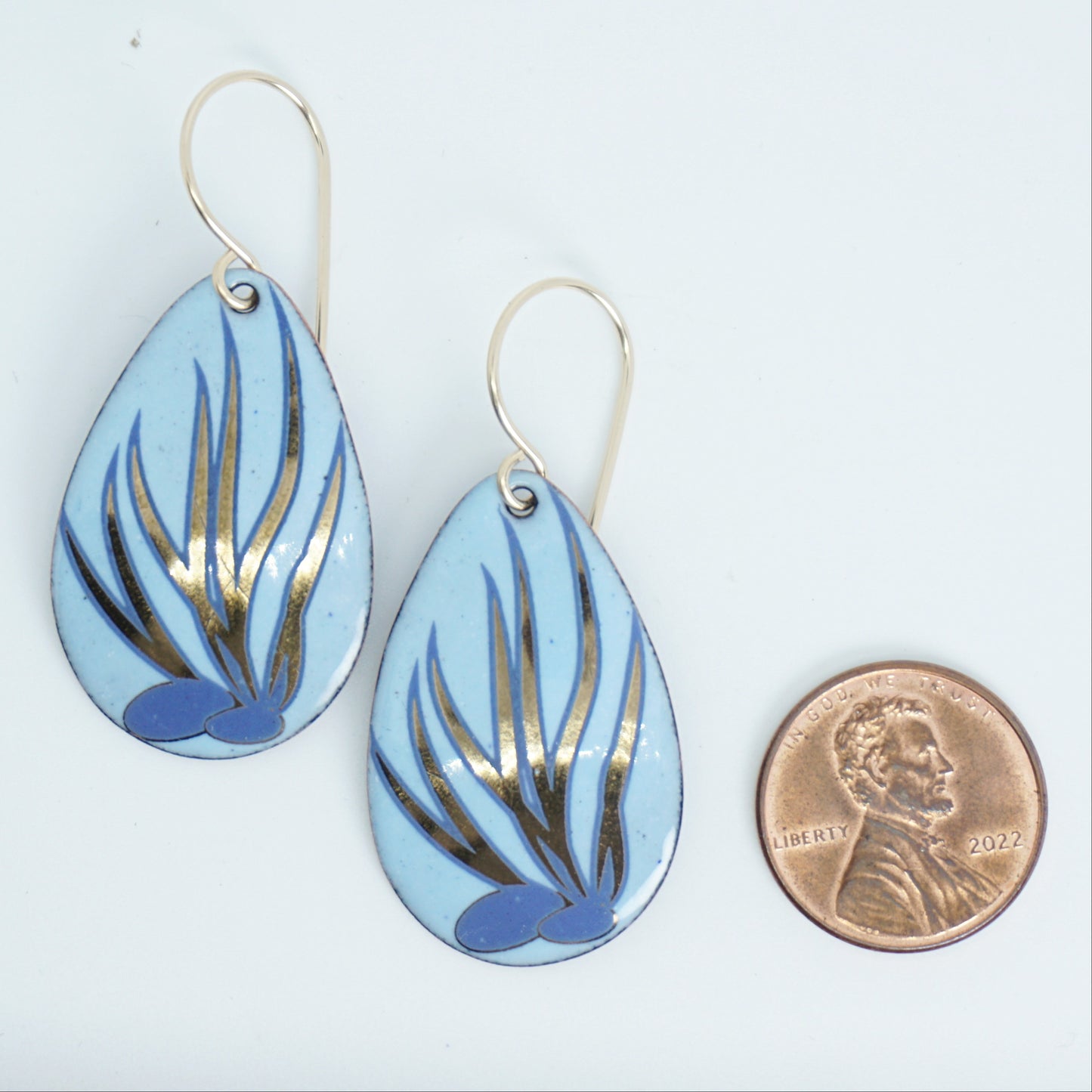 Light Blue Enamel Teardrop Earrings with Blue and Gold Coral