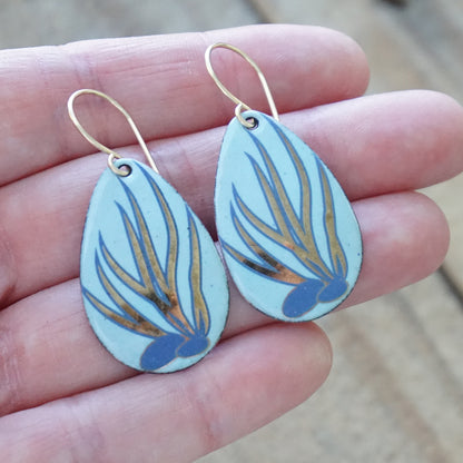 Light Blue Enamel Teardrop Earrings with Blue and Gold Coral