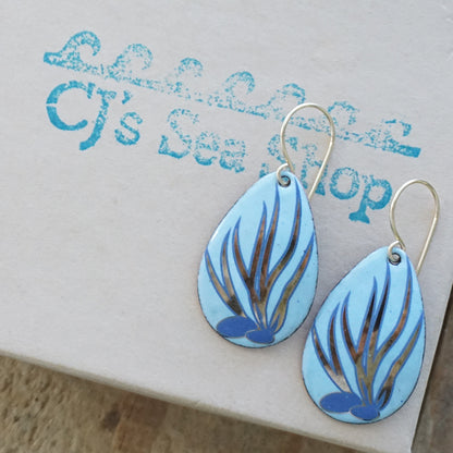 Light Blue Enamel Teardrop Earrings with Blue and Gold Coral