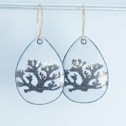 White Enamel Teardrop Earrings with Gold and Blue Coral
