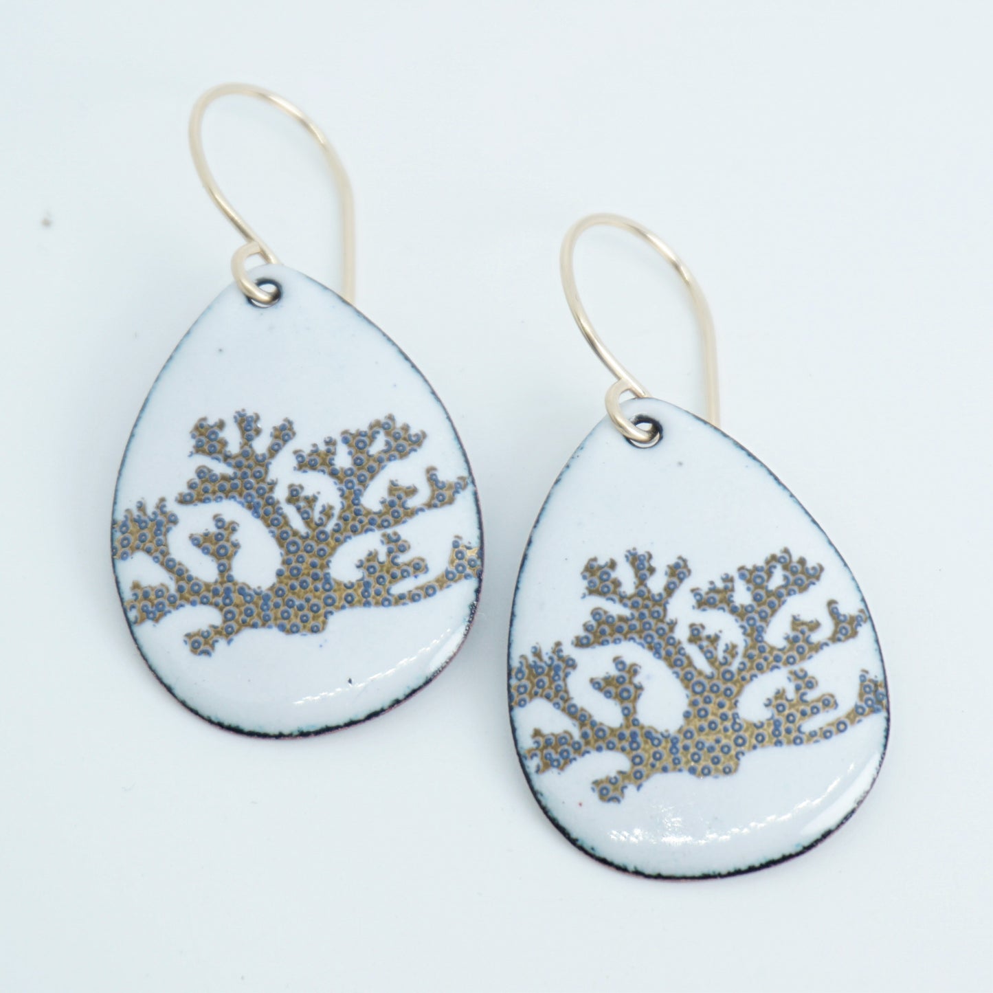 White Enamel Teardrop Earrings with Gold and Blue Coral