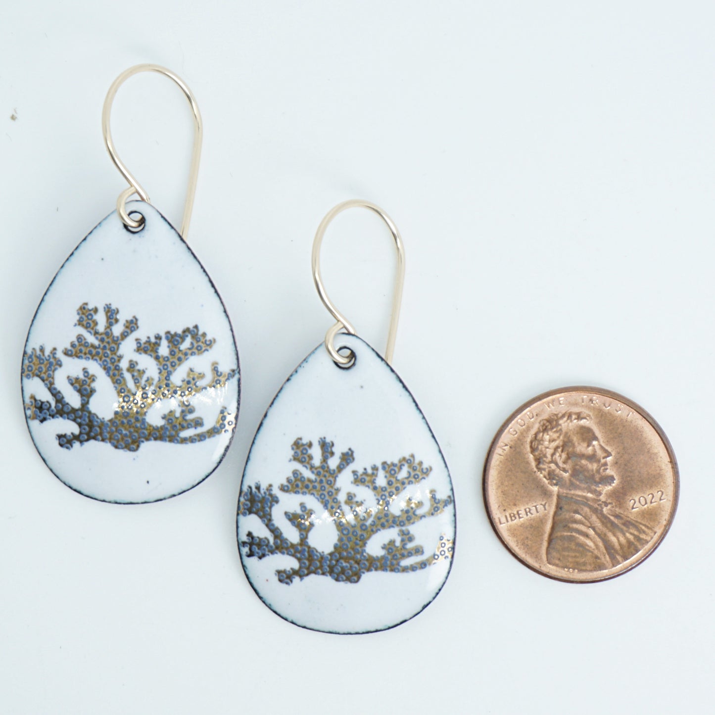 White Enamel Teardrop Earrings with Gold and Blue Coral