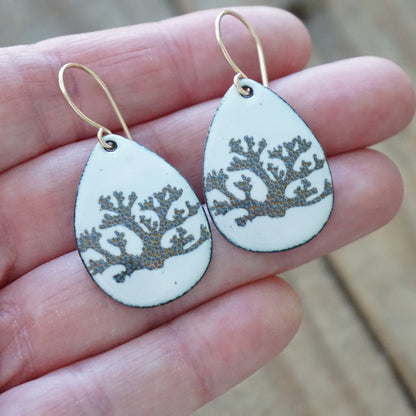 White Enamel Teardrop Earrings with Gold and Blue Coral