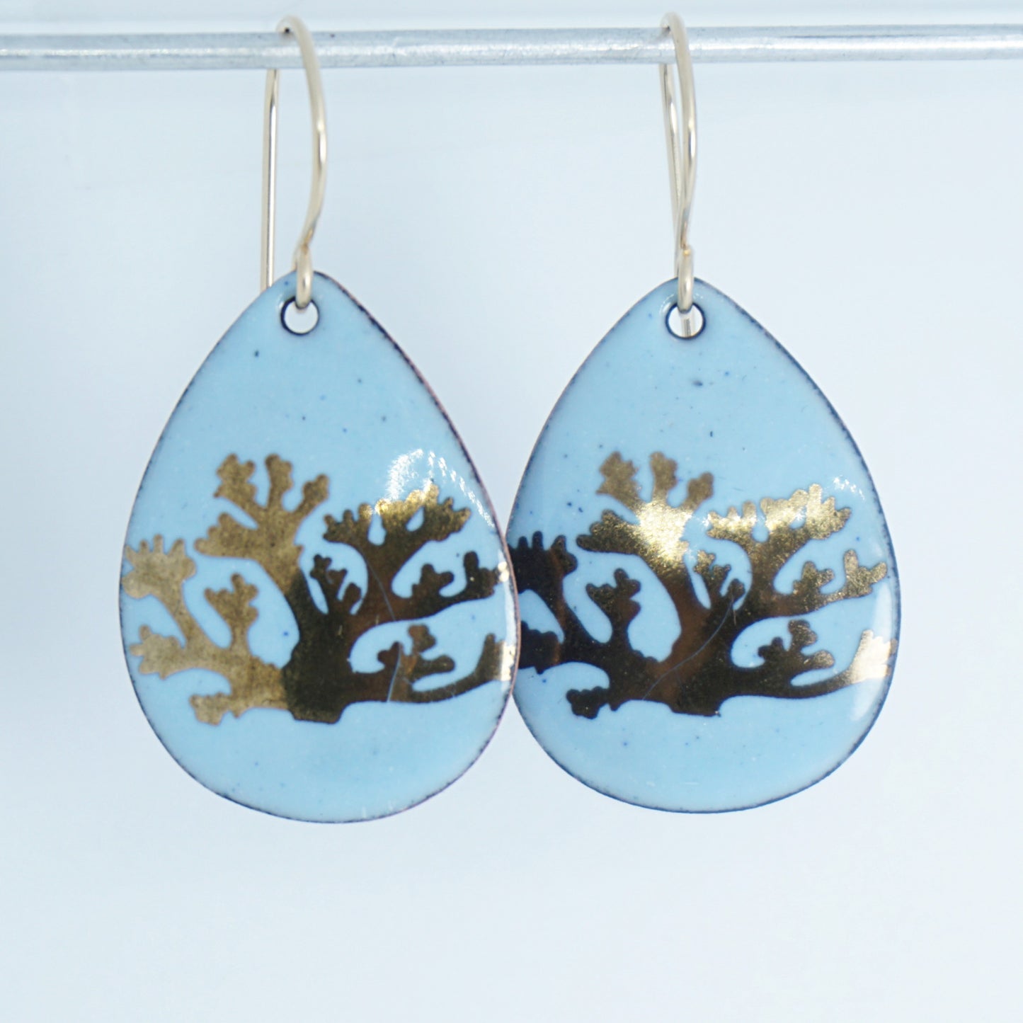 Light Blue Enamel Teardrop Earrings with Gold Coral