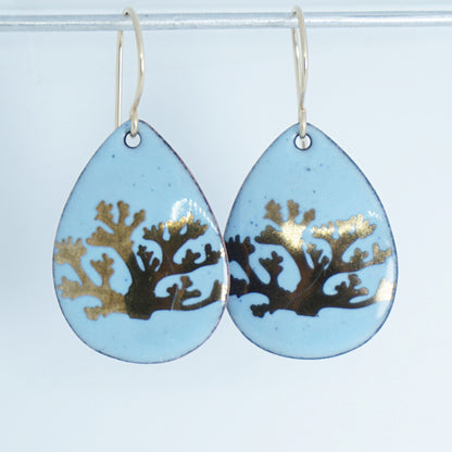 Light Blue Enamel Teardrop Earrings with Gold Coral