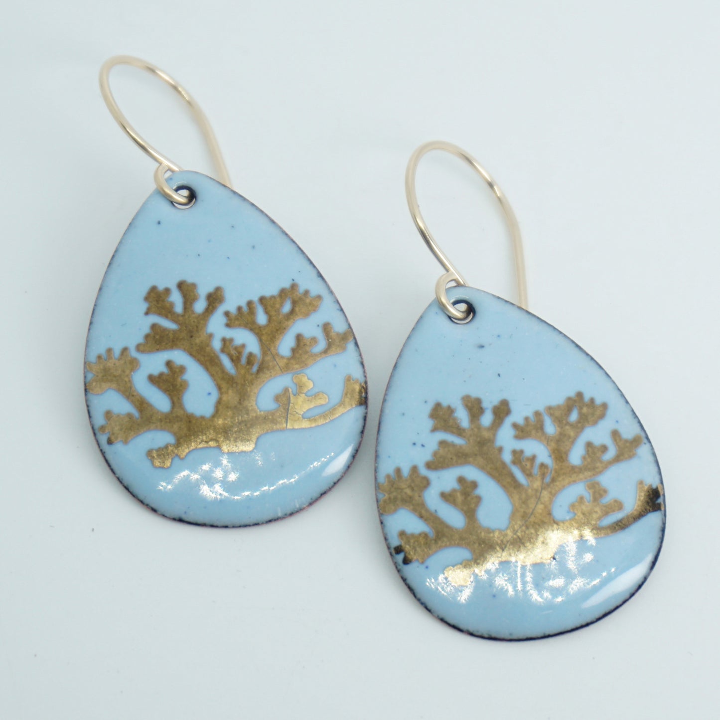 Light Blue Enamel Teardrop Earrings with Gold Coral