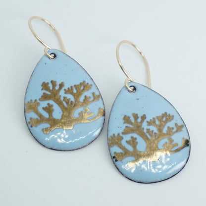 Light Blue Enamel Teardrop Earrings with Gold Coral