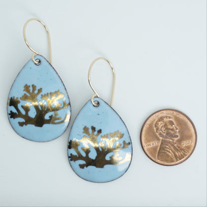 Light Blue Enamel Teardrop Earrings with Gold Coral