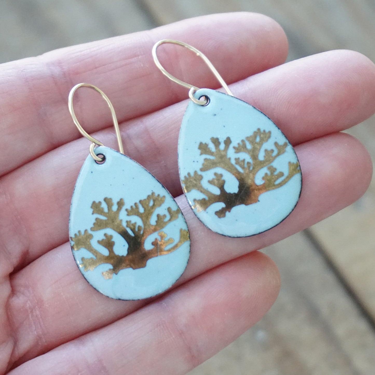 Light Blue Enamel Teardrop Earrings with Gold Coral