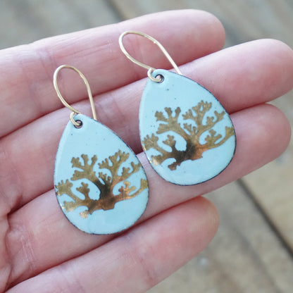 Light Blue Enamel Teardrop Earrings with Gold Coral