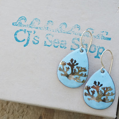 Light Blue Enamel Teardrop Earrings with Gold Coral