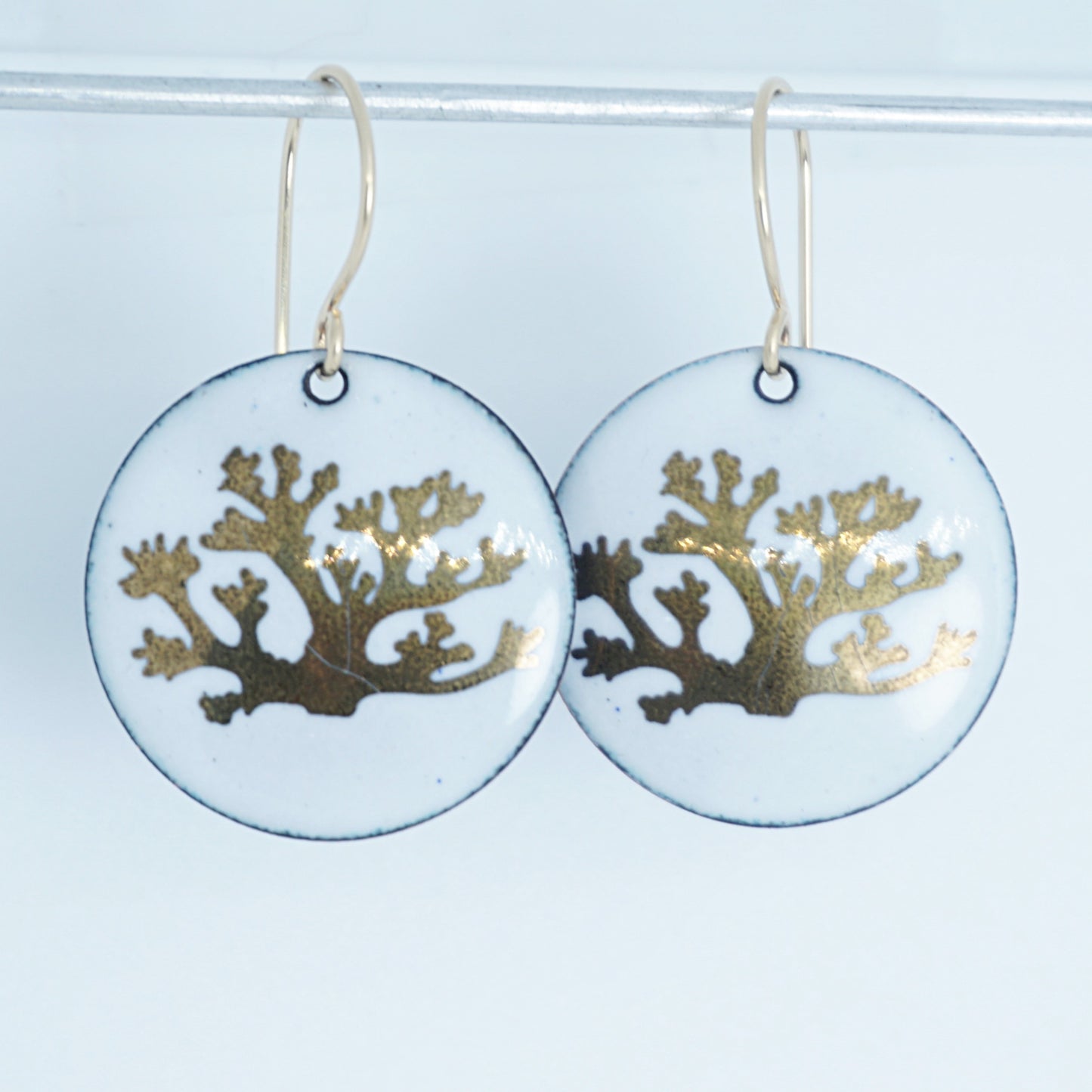 White Enamel Disc Earrings with Gold Coral