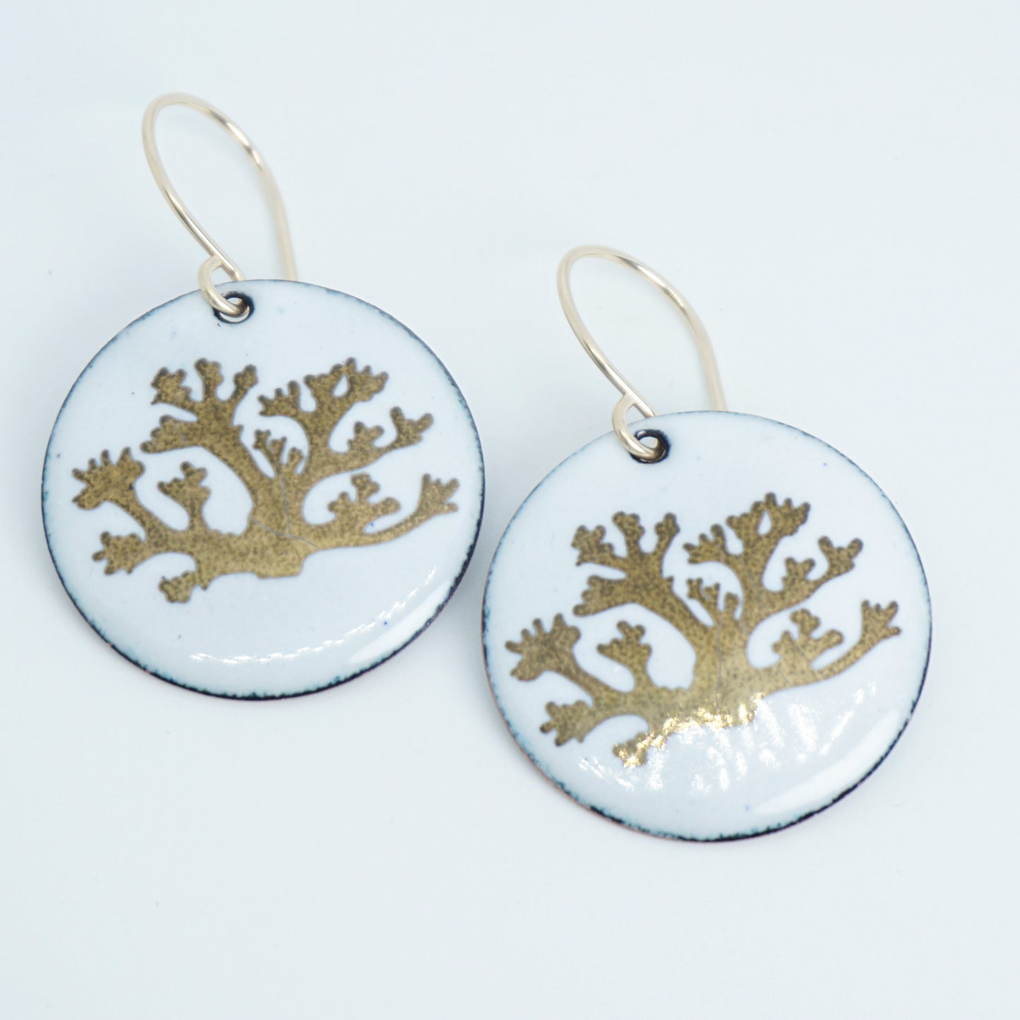 White Enamel Disc Earrings with Gold Coral