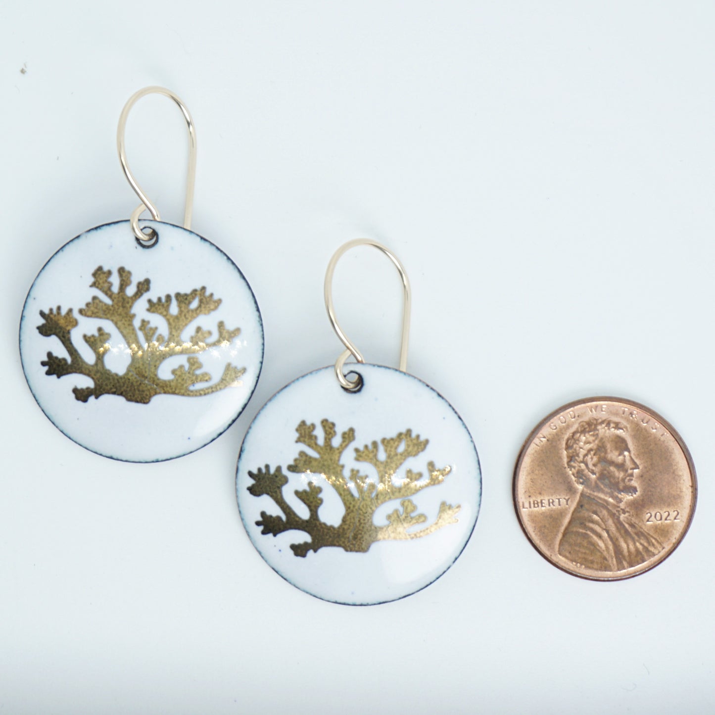 White Enamel Disc Earrings with Gold Coral