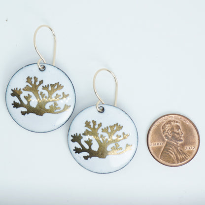 White Enamel Disc Earrings with Gold Coral