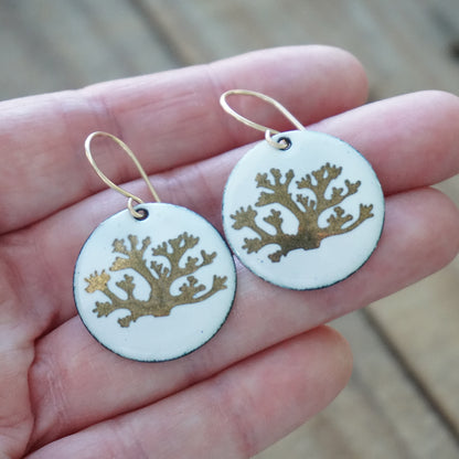White Enamel Disc Earrings with Gold Coral