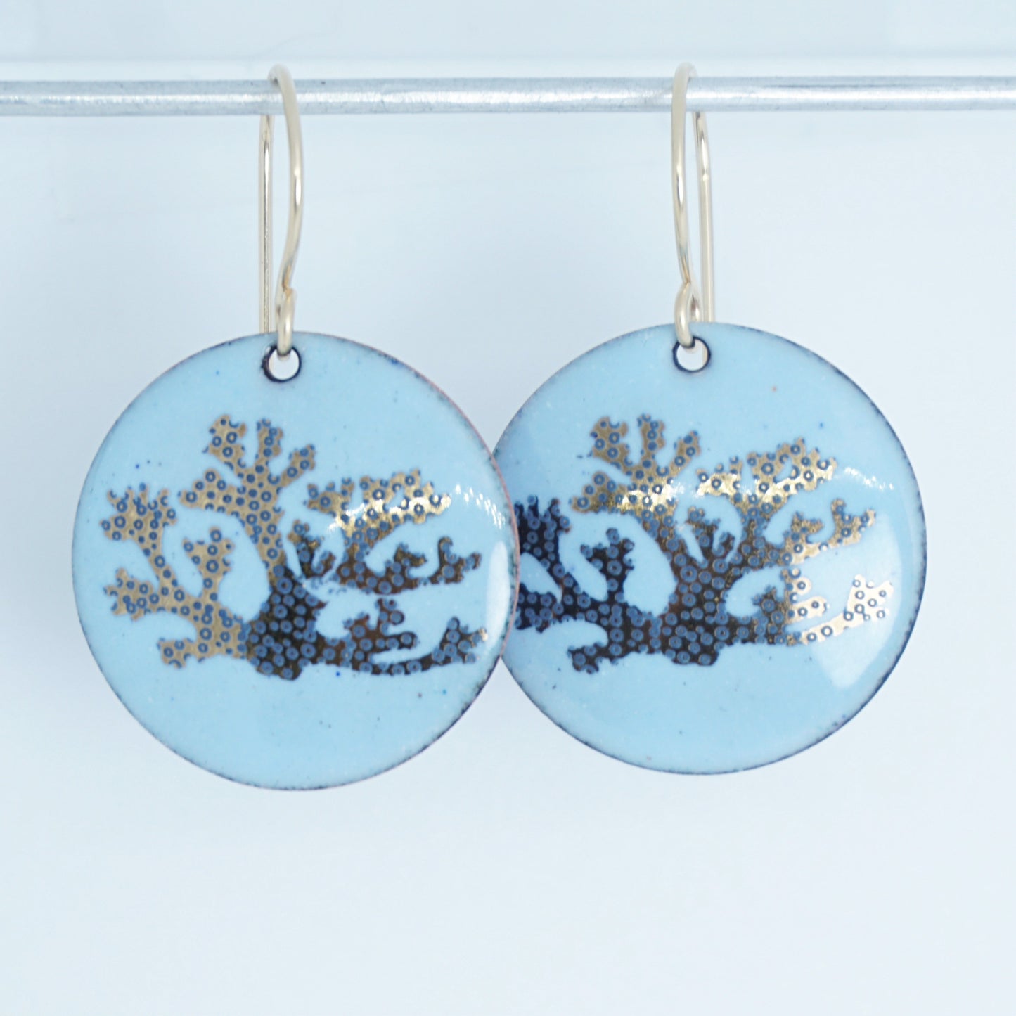 Light Blue Enamel Disc Earrings with Gold and Blue Coral