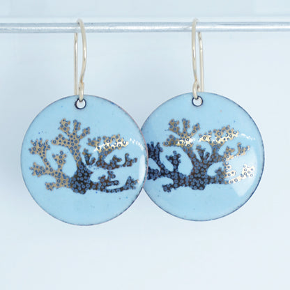 Light Blue Enamel Disc Earrings with Gold and Blue Coral