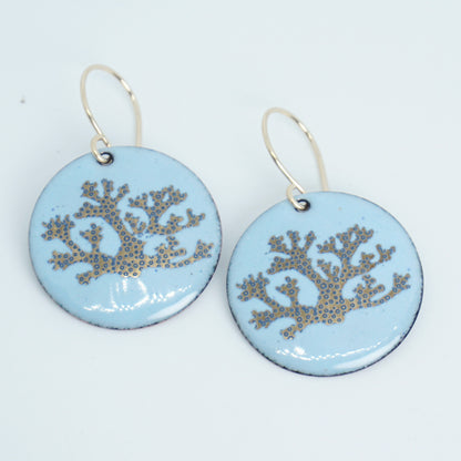 Light Blue Enamel Disc Earrings with Gold and Blue Coral