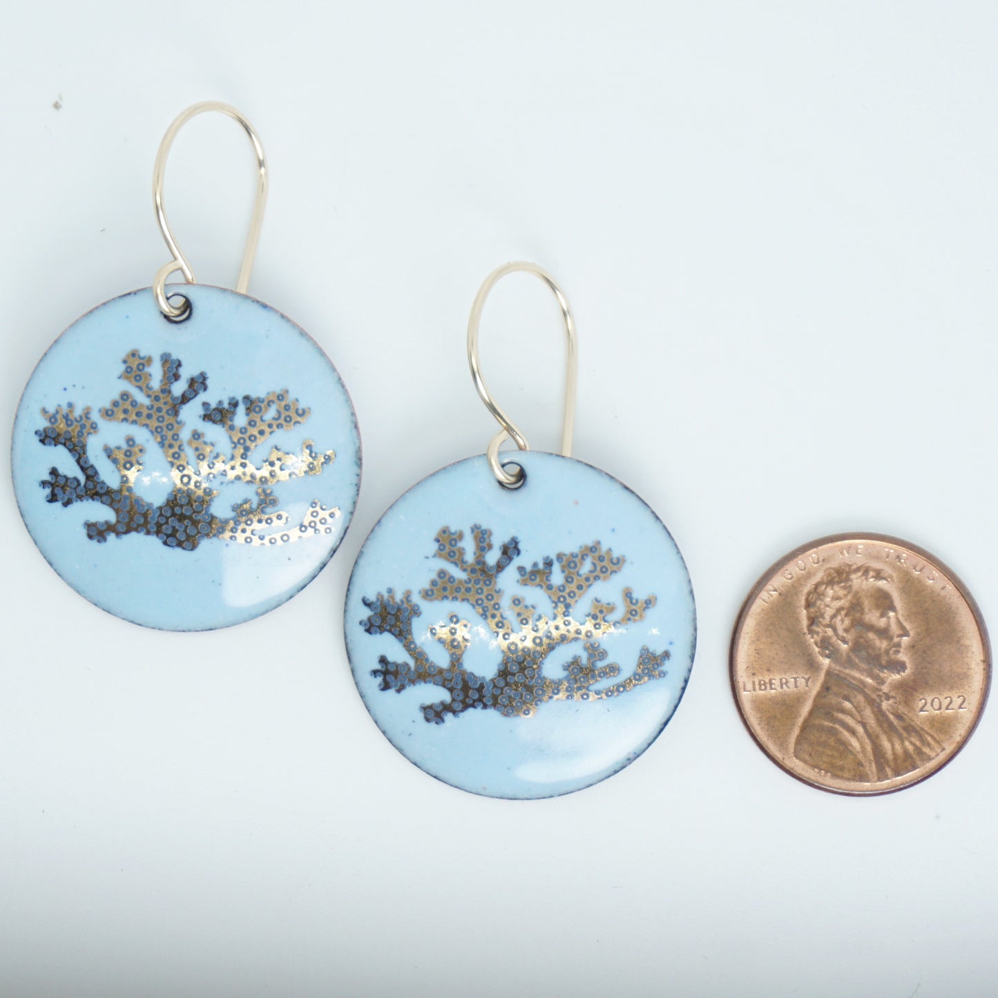 Light Blue Enamel Disc Earrings with Gold and Blue Coral