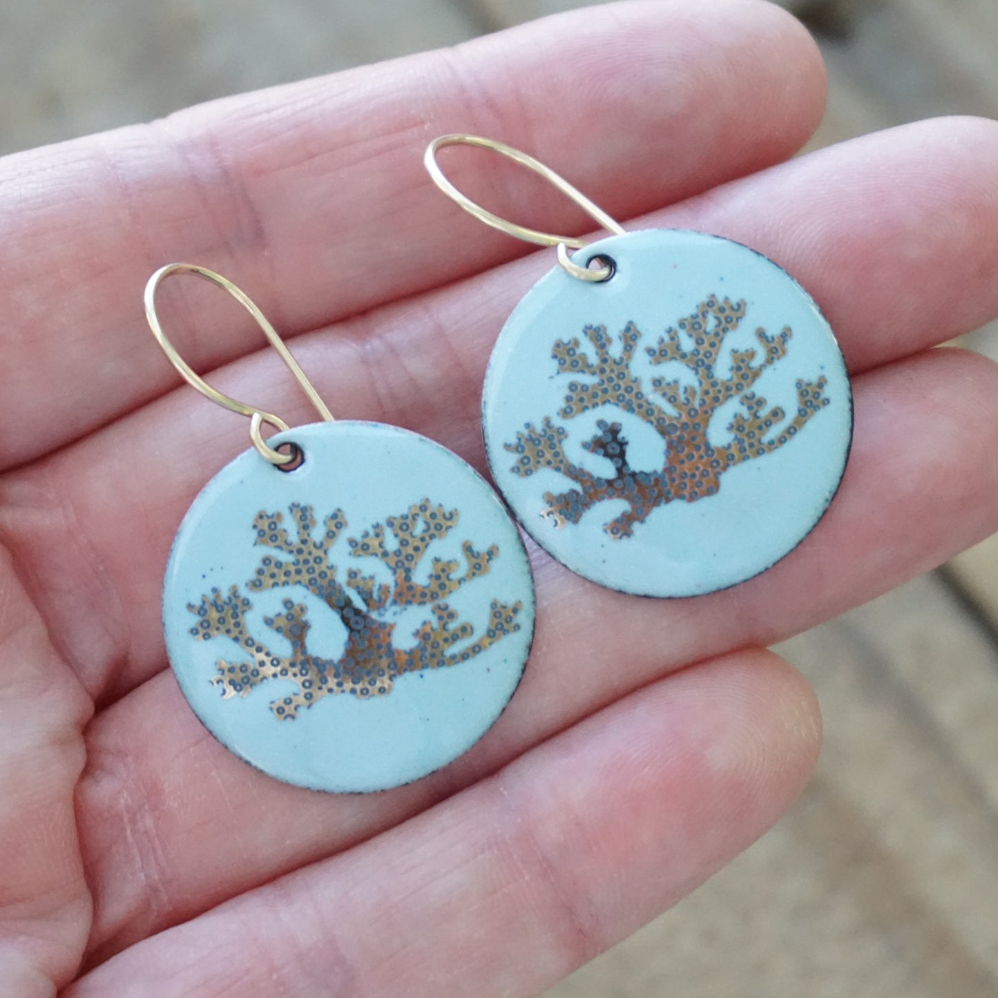 Light Blue Enamel Disc Earrings with Gold and Blue Coral