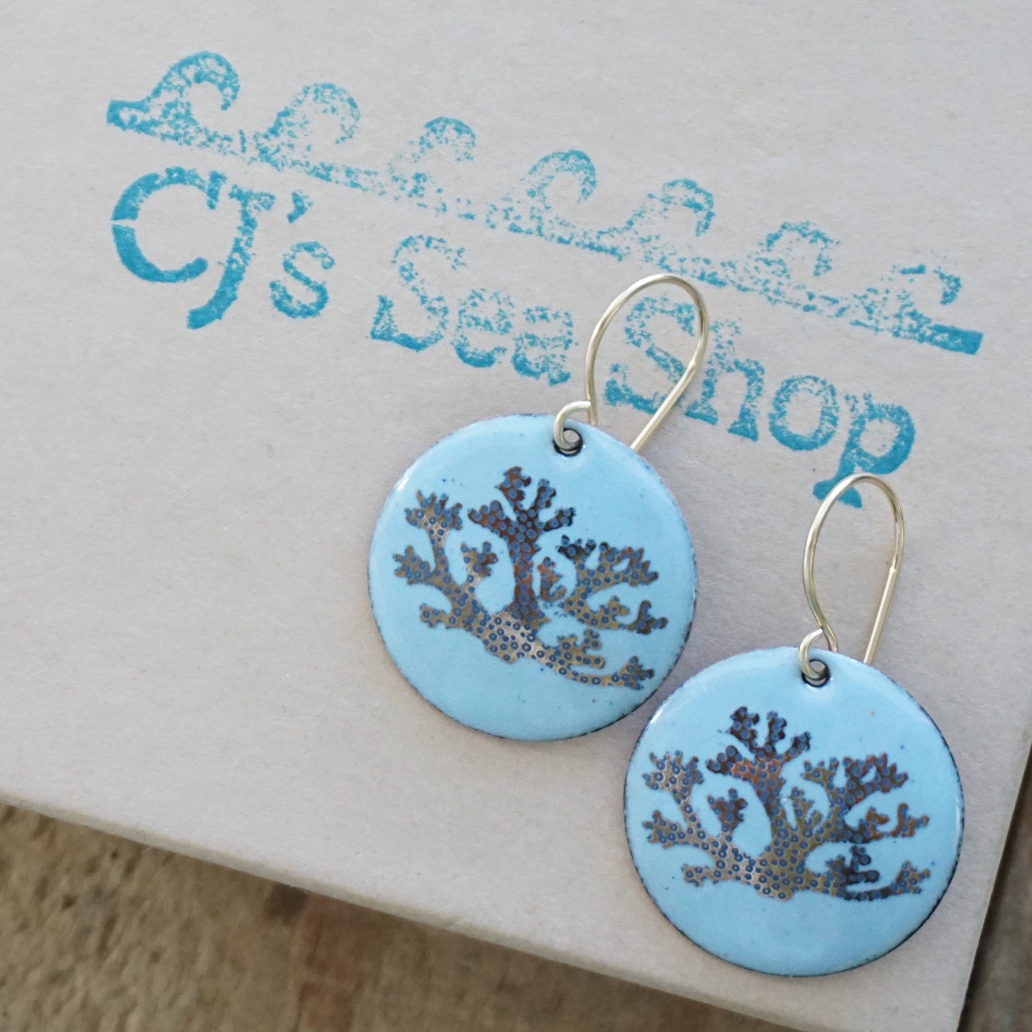 Light Blue Enamel Disc Earrings with Gold and Blue Coral