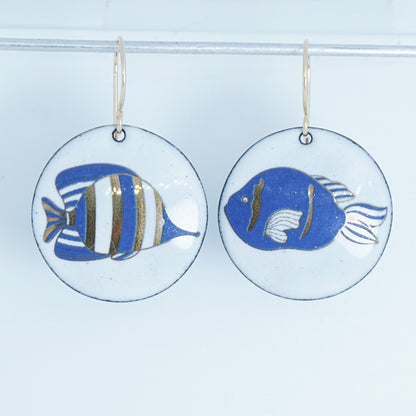White Enamel Disc Earrings with Blue and Gold Fish