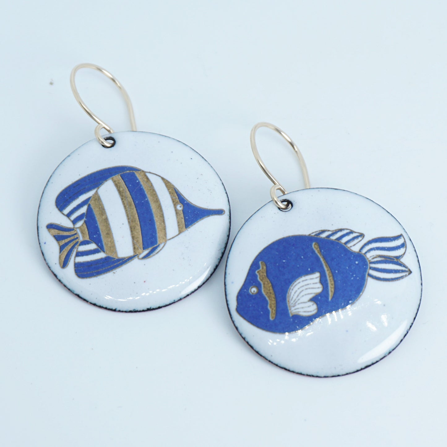 White Enamel Disc Earrings with Blue and Gold Fish