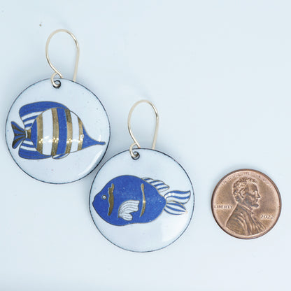White Enamel Disc Earrings with Blue and Gold Fish