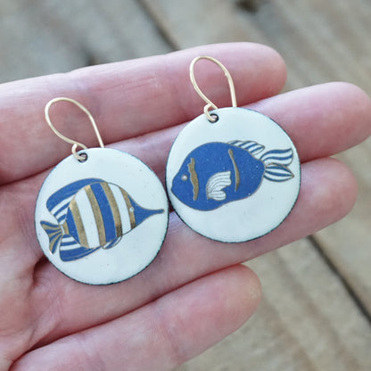 White Enamel Disc Earrings with Blue and Gold Fish