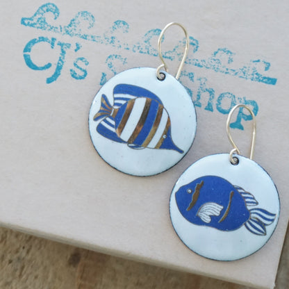 White Enamel Disc Earrings with Blue and Gold Fish