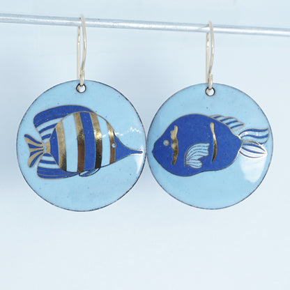 Light Blue Enamel Disc Earrings with Blue and Gold Fish