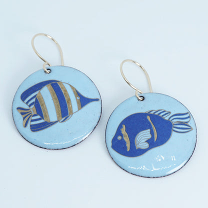 Light Blue Enamel Disc Earrings with Blue and Gold Fish