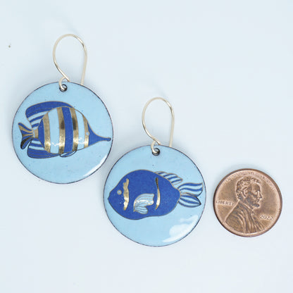 Light Blue Enamel Disc Earrings with Blue and Gold Fish