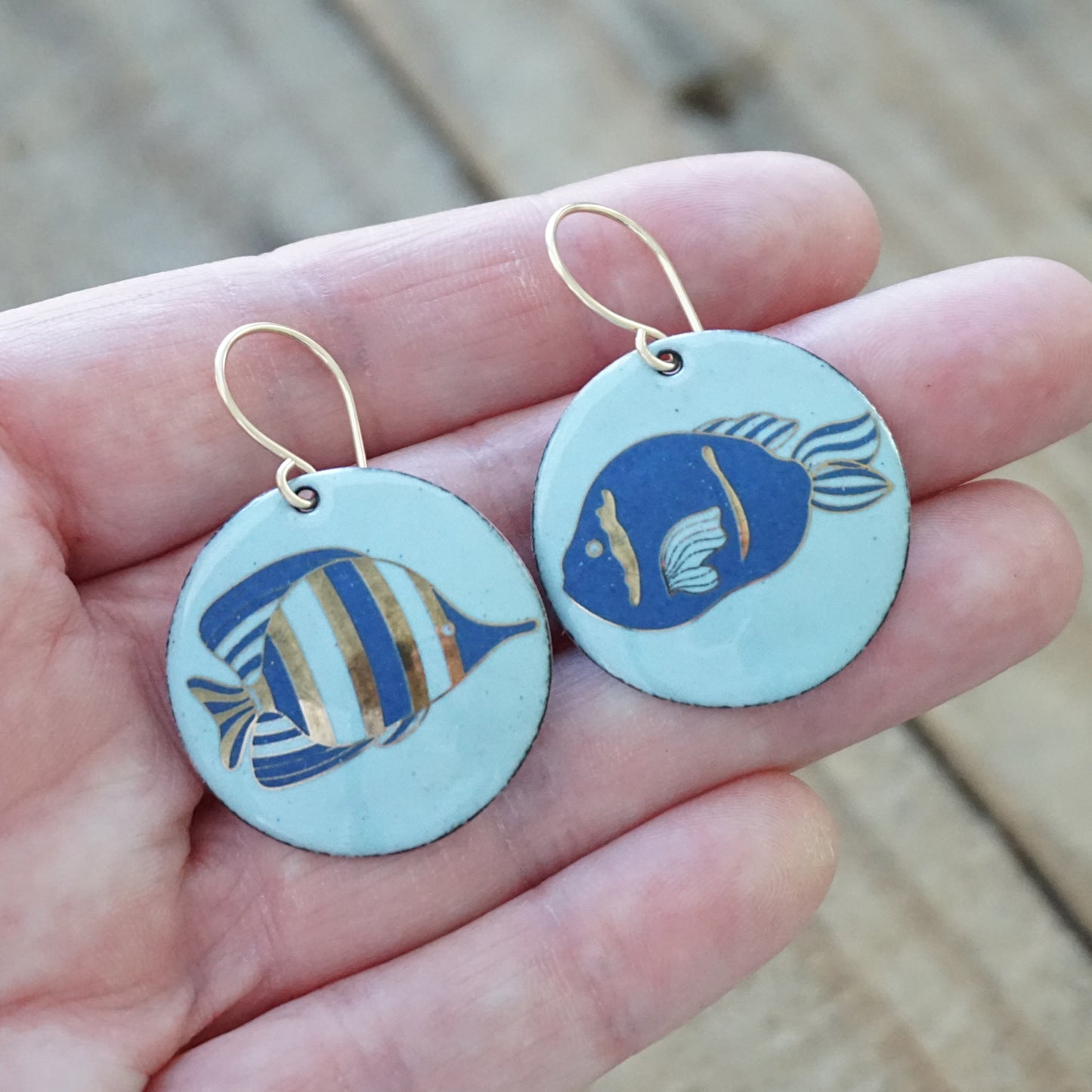 Light Blue Enamel Disc Earrings with Blue and Gold Fish