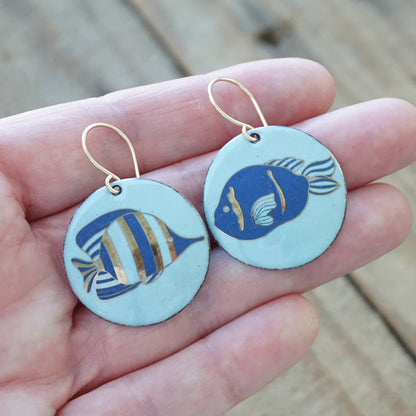 Light Blue Enamel Disc Earrings with Blue and Gold Fish