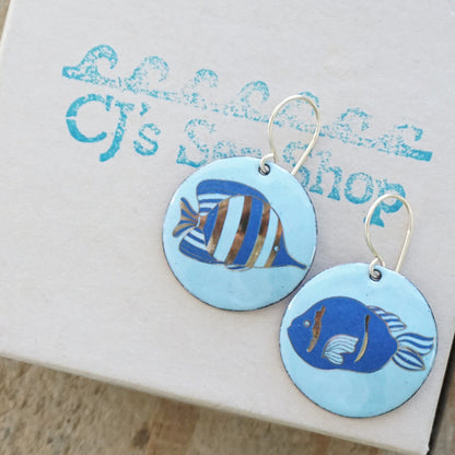 Light Blue Enamel Disc Earrings with Blue and Gold Fish
