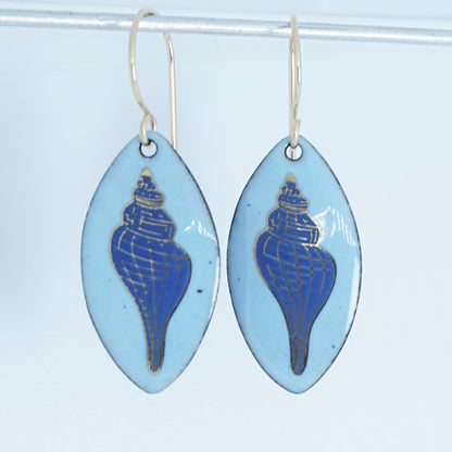Light Blue Enamel Marquis Earrings with Blue and Gold Conch Shell