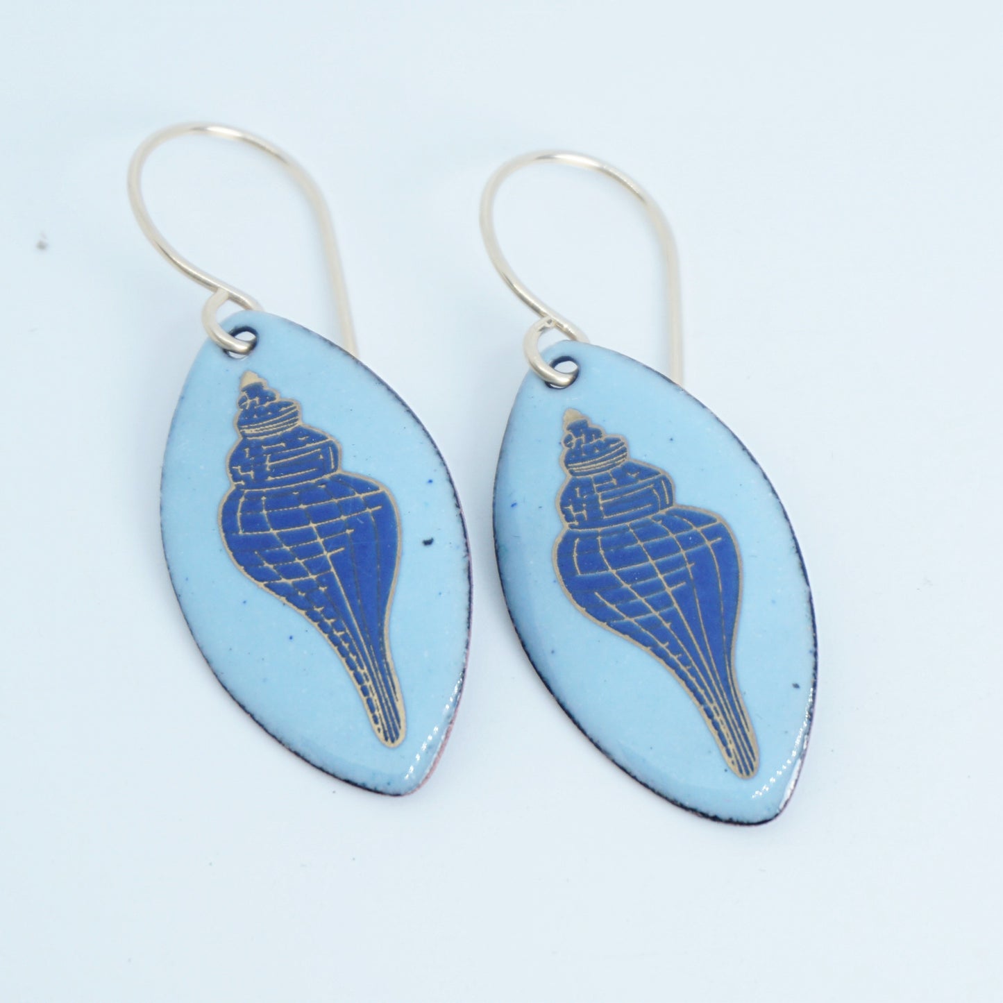 Light Blue Enamel Marquis Earrings with Blue and Gold Conch Shell