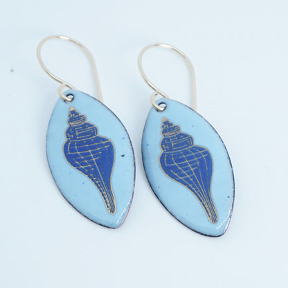 Light Blue Enamel Marquis Earrings with Blue and Gold Conch Shell