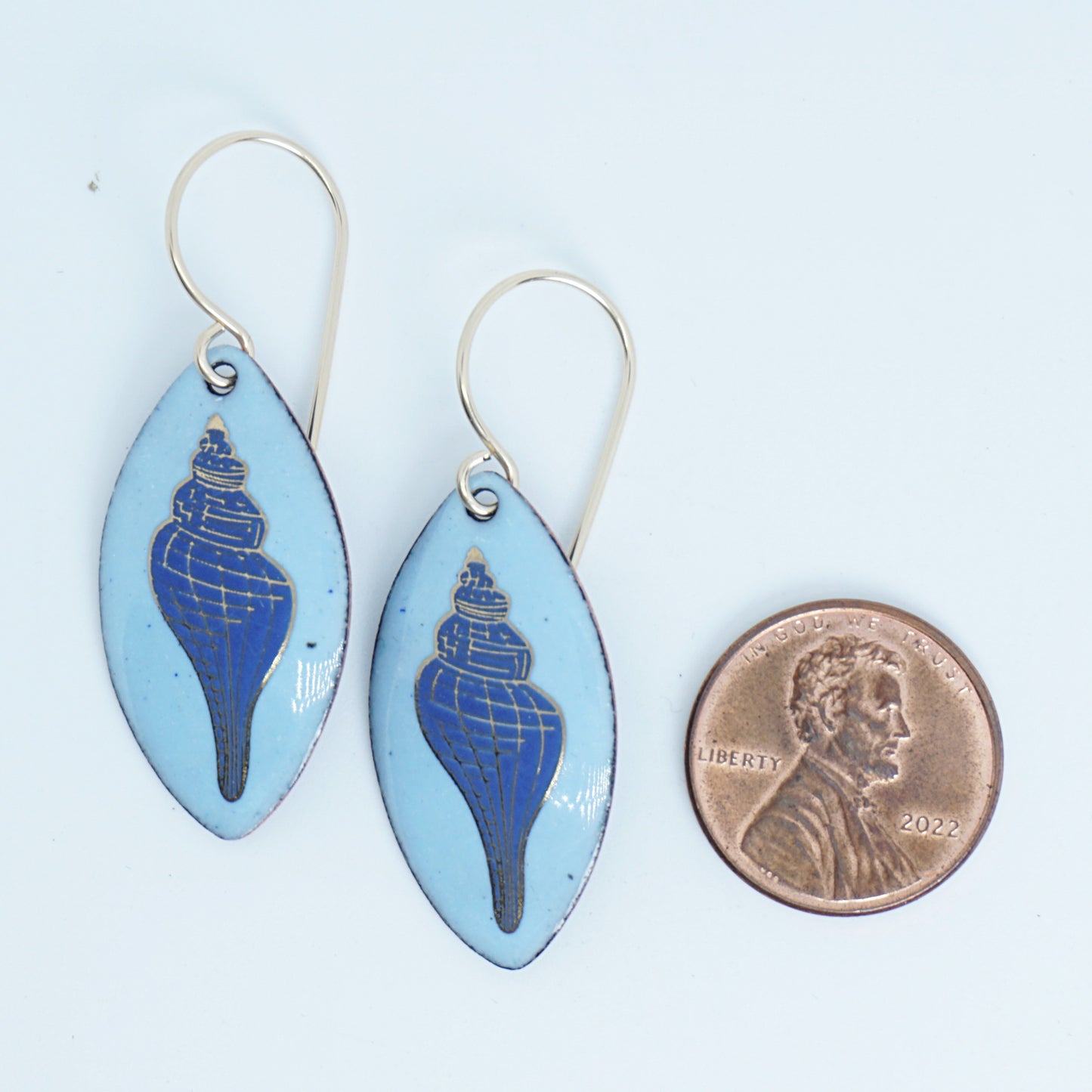 Light Blue Enamel Marquis Earrings with Blue and Gold Conch Shell