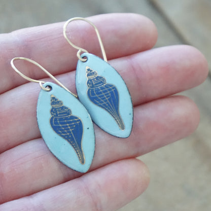 Light Blue Enamel Marquis Earrings with Blue and Gold Conch Shell