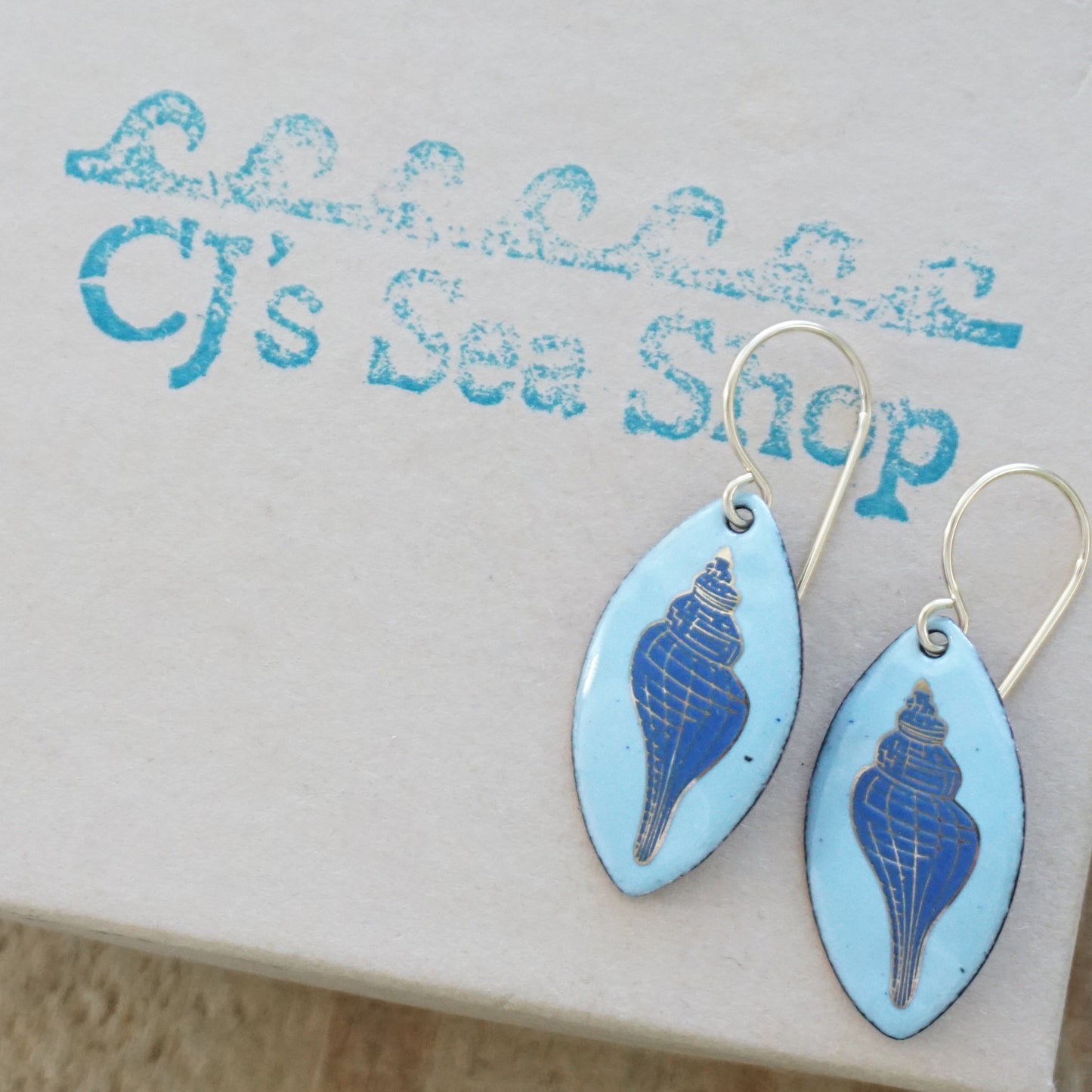 Light Blue Enamel Marquis Earrings with Blue and Gold Conch Shell