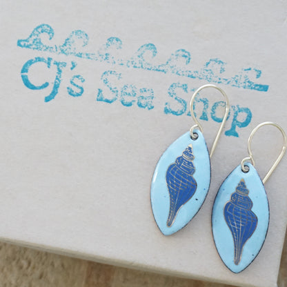 Light Blue Enamel Marquis Earrings with Blue and Gold Conch Shell