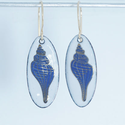 White Enamel Oval Earrings with Blue and Gold Conch Shell