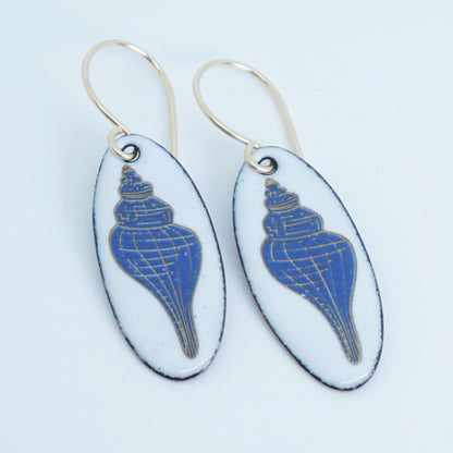 White Enamel Oval Earrings with Blue and Gold Conch Shell